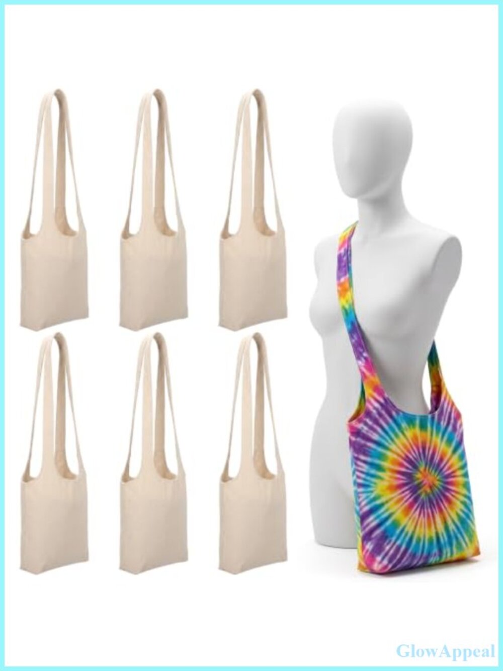 6pc Cotton Canvas Tote Bags for Tie Dye DIY Crossbody Shoulder Bag Set